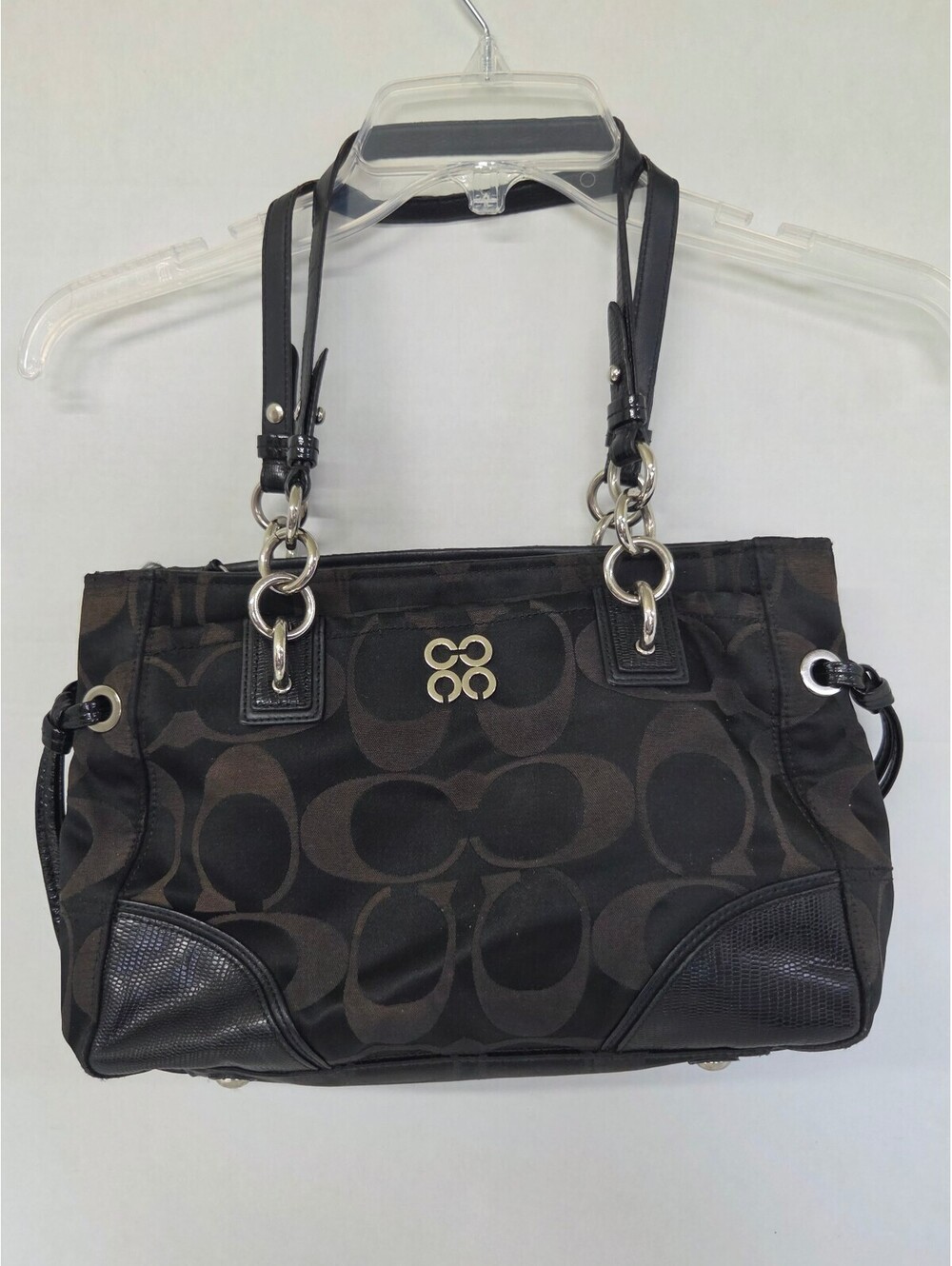 Coach Black Signature Canvas Tote Bag Leather Trim Silver Hardware J1093-16475